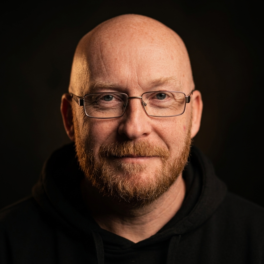 Ein lächelnder Mann mit Glatze und Brille sitzt an einem Schreibtisch. Er trägt einen schwarzen Hoodie.